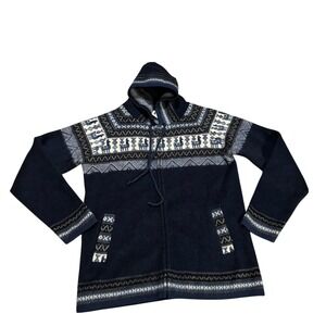 Aly Marka Tejidos Womens Navy Blue Llama Fair Isle Hooded Zip Up Sweater Large